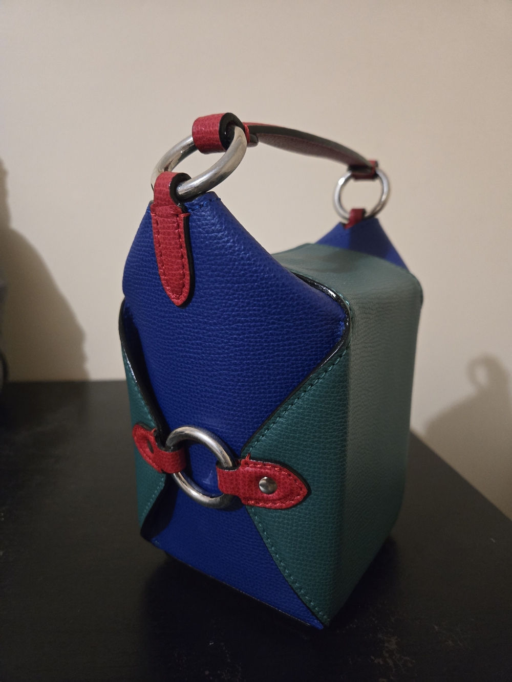 Jeff Wan, Blue & Teal Structured Leather Top-Handle Bag with Red Accents